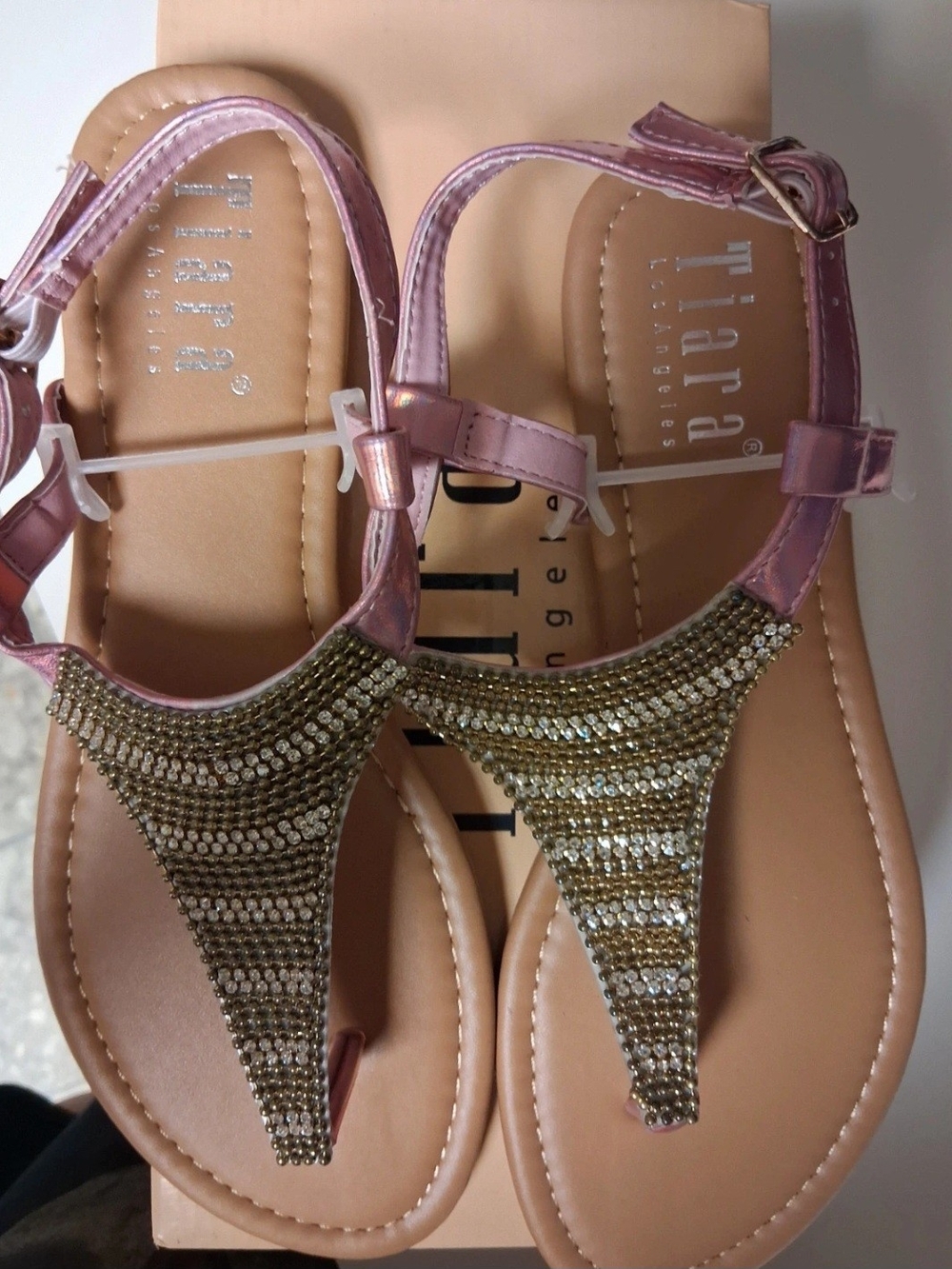 Tiara Pink Metallic T-Strap Sandals with Gold Rhinestones